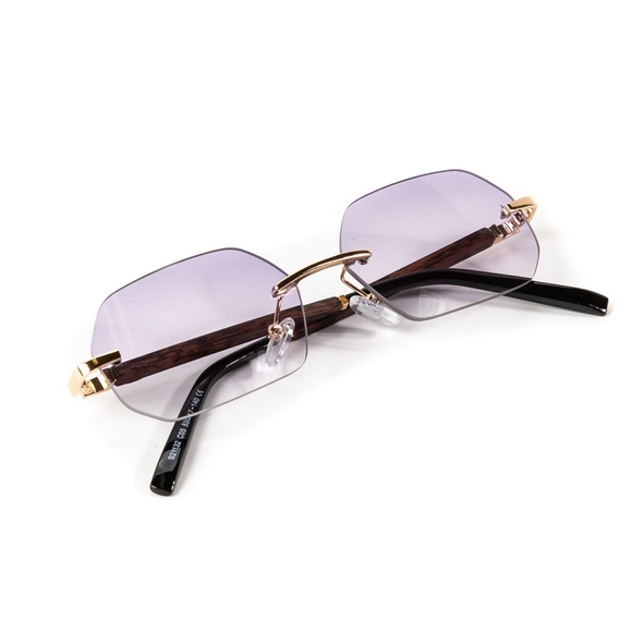 Men's Gold Frame Rimless Purple Tint Woodgrain Sunglasses - Picture 2 of 4